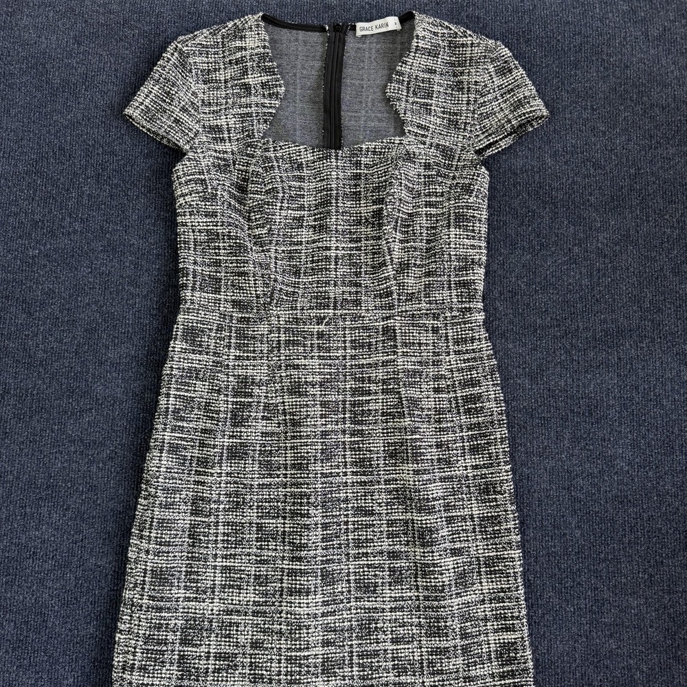 Grace‎ Karin Dress Womens Medium Black Plaid Tweed Mermaid Midi Square Neck Work